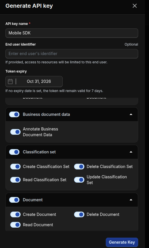 API key management screen showing generated keys, assigned permissions, expiry state, and verification details