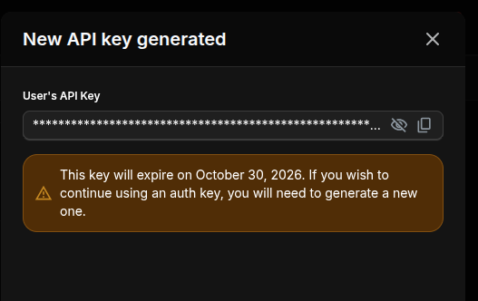 API key management screen showing generated keys, assigned permissions, expiry state, and verification details