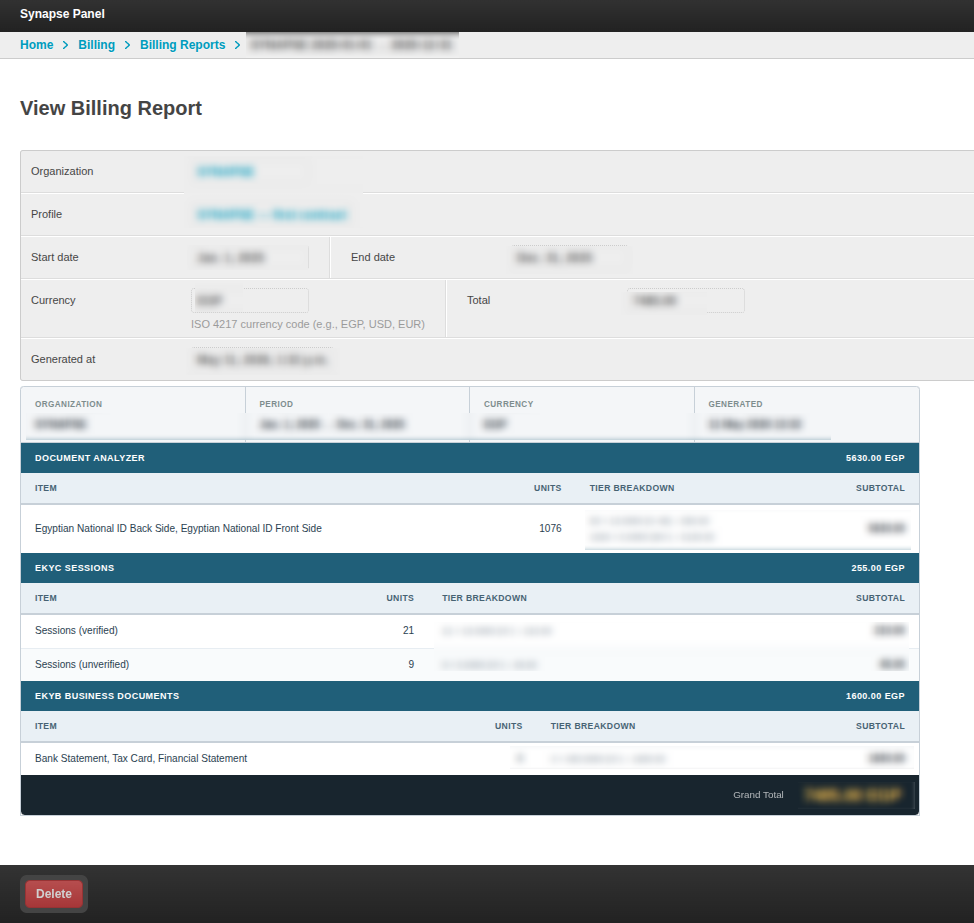 Billing report screen showing usage totals, tier breakdowns, grand total, and Excel export