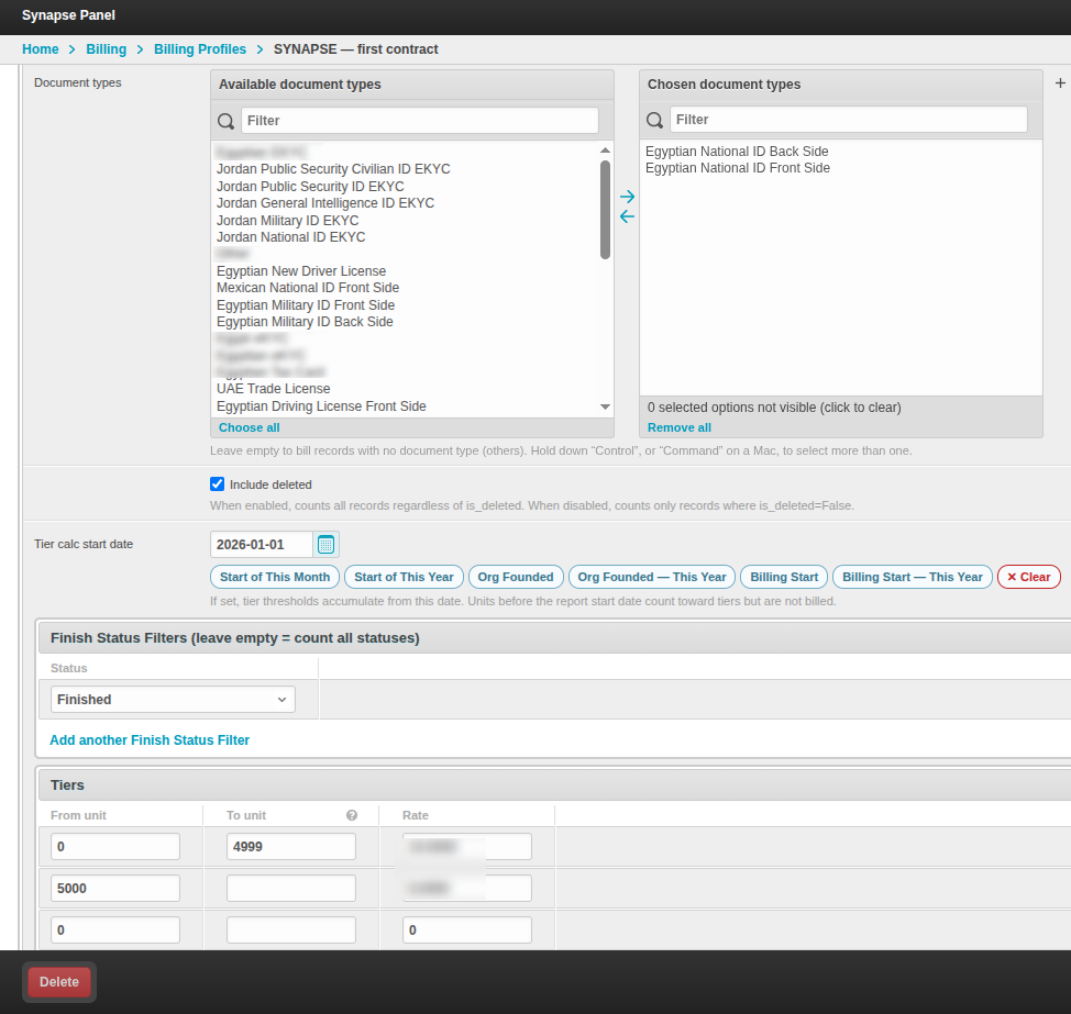 Billing profile screen showing analyzer, eKYC, and eKYB tier configuration
