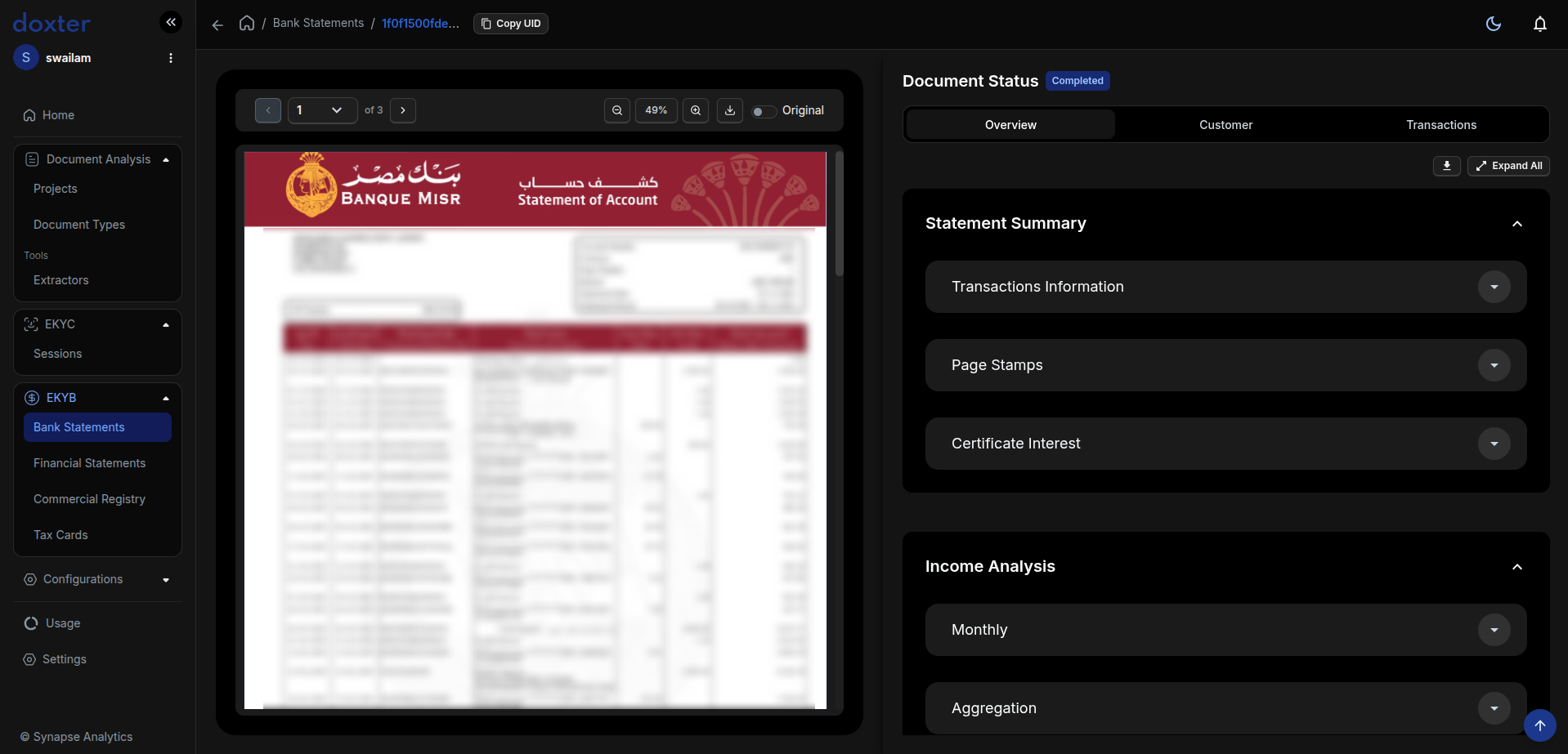 Business document processing screen showing bank statement and company document workflows